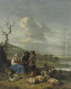 A Peasant Girl Spinning With Two Shepherds Watching by Hendrick Mommers