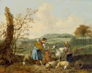 Pastori Con Le Loro Greggi In Paesaggio Italiano by Hendrick Mommers