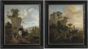 An Italianate Landscape With 
Village Women Travelling To Market With A Donkey; And An Italianate 
Landscape With Villagers And An Ox-cart by Hendrick Mommers