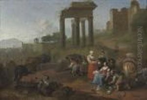 An Italianate Landscape With Peasants At A Market By Classical Ruins by Hendrick Mommers