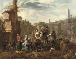 Marketeers On Mules And Other Figures Among Ancient Ruins In A Town Square