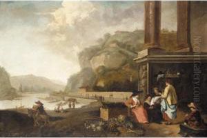 An Extensive Italianate River Landscape With Vegetable Sellers Amongst Classical Ruins