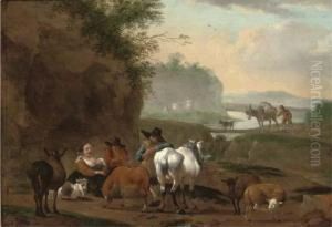 A River Landscape With A Shepherd Family And Their Flock Atrest by Hendrick Mommers