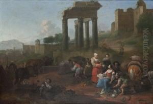 An Italianate Landscape With A Vegetable Seller Before Roman Ruins by Hendrick Mommers