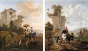 Italianate Landscapes With Drovers And Their Animals Carrying Their Produce To Market