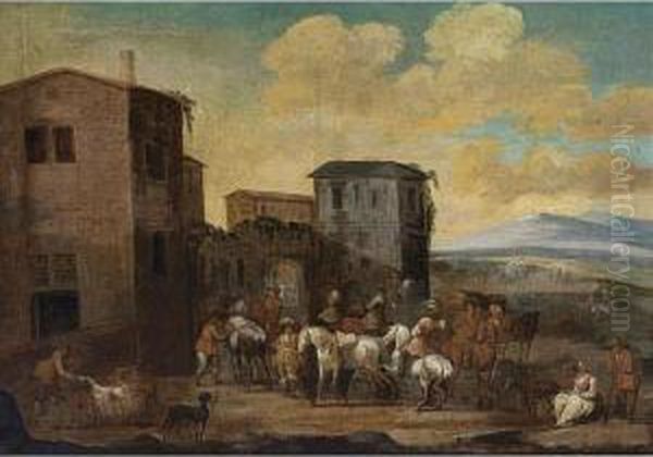 An Italianate Landscape With Horsemen Resting In Front Of Houses - view 1