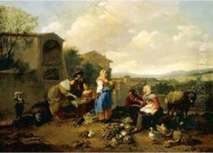 A Market Scene In An Italianate Landscape by Hendrick Mommers