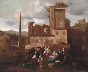 A Market Place Amongst Italian Ruins by Hendrick Mommers