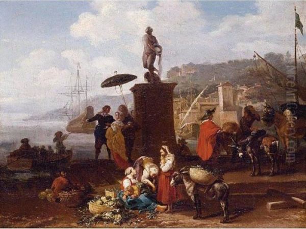 Port Scene With Figures Gathered By A Statue - view 1