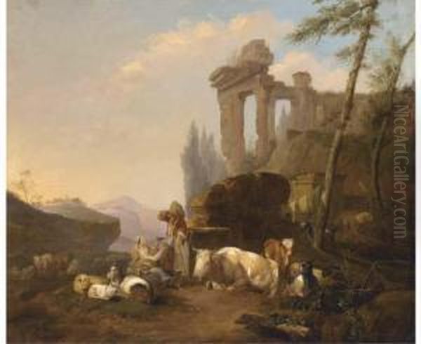A Classical Landscape With A
Herdsman And His Family Resting By Afountain With Their Cattle And Goats - view 1