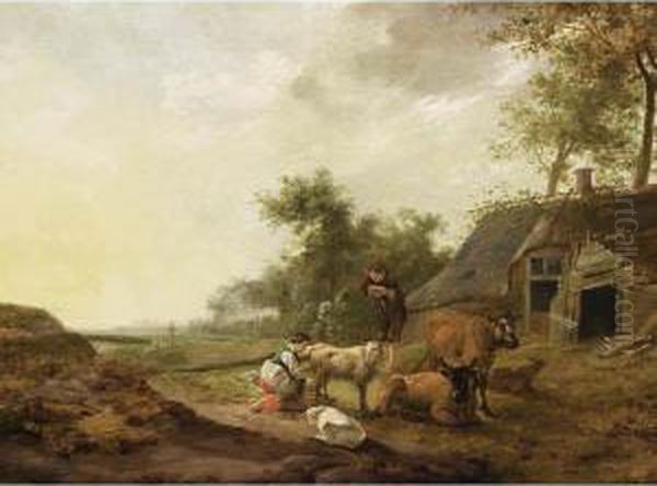 A Landscape With A Maid Milking A
 Sheep, A Shepherd Watching With Sheep And Cows, A Farm Nearby - view 1