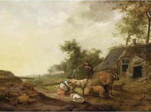 A Landscape With A Maid Milking A
 Sheep, A Shepherd Watching With Sheep And Cows, A Farm Nearby
