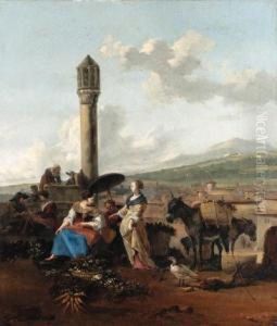 Travellers And Tradesmen Resting Before A Monument