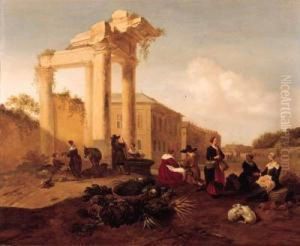 A Market Near A Fountain By A Classical Ruin In An Italianpiazza by Hendrick Mommers