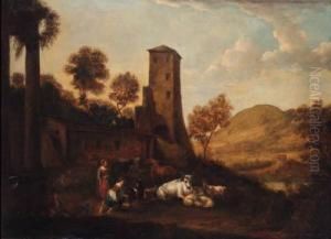 A Landscape With Maids Milking Goats By A Farmstead