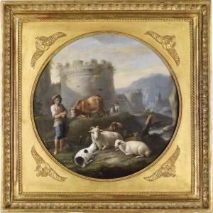 A Pair Of Landscapes Depicting The Campagnawith Shepherds And Animals by Paolo Monaldi