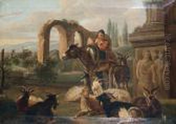 A Goatherd Before An Open Landscape With Roman Ruins - view 1