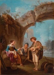 Scena Di Genere Con Tre Popolani Sotto Un Arco Di Roccia
