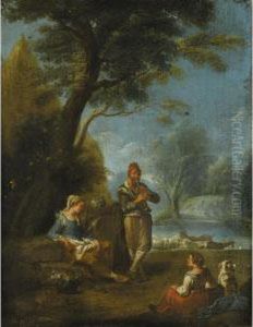 Peasants Resting And Making Music In A Landscape by Paolo Monaldi