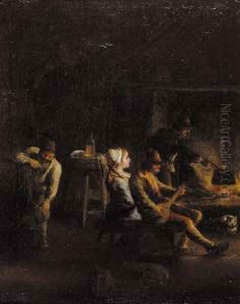 Kitchen Interior With Peasants
Sitting Round A Fire Drinking And Playing Music - view 1