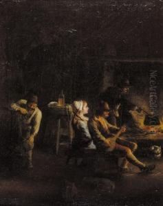 Kitchen Interior With Peasants 
Sitting Round A Fire Drinking And Playing Music