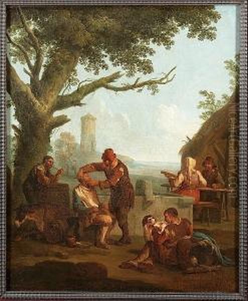 A Barber At Work By A Well With Other Peasants Smoking, Drinking And Playing Music - view 1