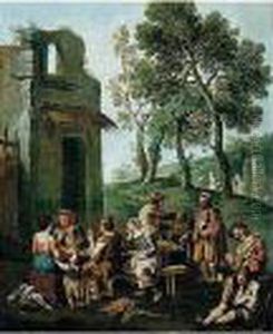 A Landscape With Peasants And 
Beggars Drinking, Smoking, And Singing, Washer-women In The Distance
