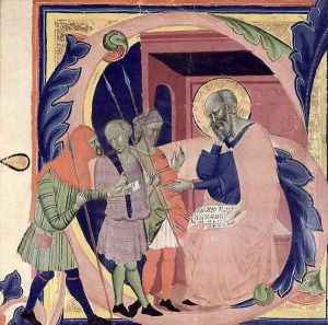 Historiated initial 'S' depicting Job receiving messengers with bad news by Jacopo Del Casentino