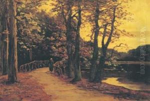 Avond Aan De Vijver: A Woman Strolling By A Lake At Dusk - view 1