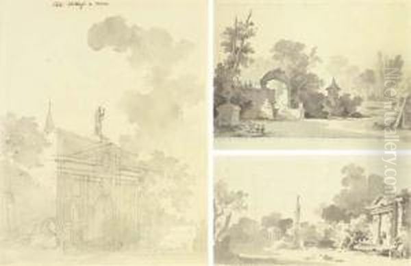 La Porte De Werf, Anvers; Un
Jardin Avec Un Portail Et Un Pontchinois; Et Un Jardin Avec Des
Monuments Classiques - view 1