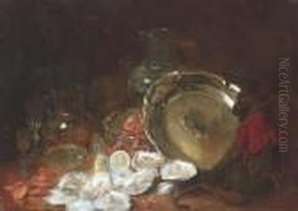 A Monkey Sitting By A Salver, 
Oysters And Shrimps, A Lemon, Variousglass Vessels And Plates On A Table - view 1
