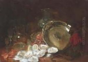 A Monkey Sitting By A Salver,
Oysters And Shrimps, A Lemon, Variousglass Vessels And Plates On A Table by Charles Monginot