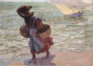 Pescadora En La Playa De Valencia (fisherwoman On Valencia Beach) by Jose Mongrell Torrent