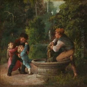Two Older Boys Tease And Spray Water On Two Smallchildren by David Monies