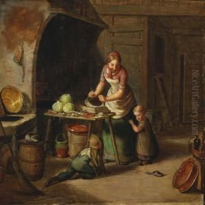 A Mother In The Kitchen While The Children Areplaying