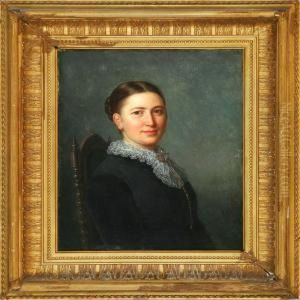 Seated Woman In A Black Dress With White Lace Collar