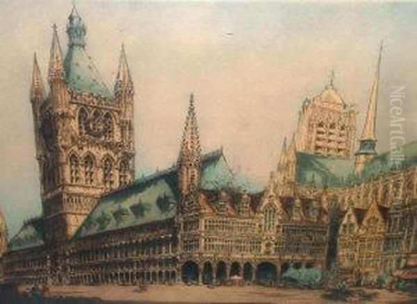Re -- View Of A European
Cathedral Square; Etching Printed In Colours, Signed In Pencil, 47x67cm - view 1