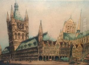 Re -- View Of A European 
Cathedral Square; Etching Printed In Colours, Signed In Pencil, 47x67cm