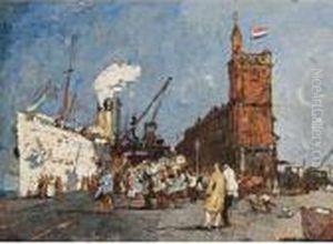An Ocean Steamer In Harbour And Figures On Quay by Martin Monnickendam