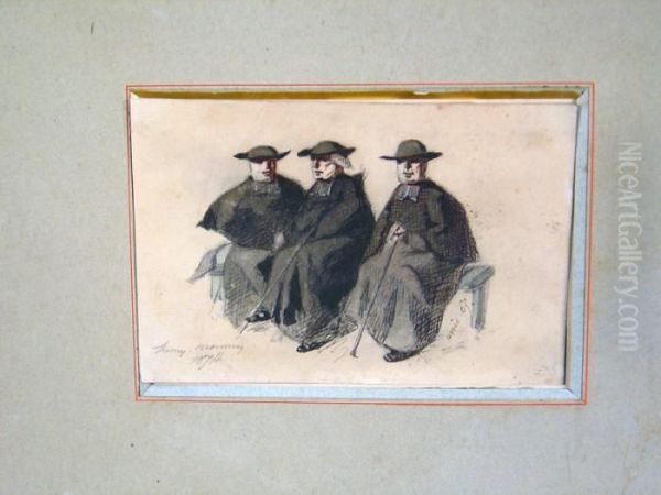 Etude De Trois Ecclesiastiques Assis - view 1