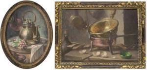 Radishes And A Kettle On A 
Table; And A Colander And Saucepan With A Knife And Eggshells To The 
Side