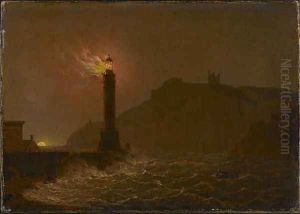 A Lighthouse on fire at night by Josepf Wright Of Derby