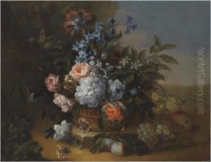 A Still Life With Carnations,
Roses And Morning Glory In A Basket Over A Stone Ledge, Beside Grapes,
Plums And An Apple by Antoine (Baptiste M.) Monnoyer