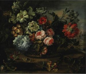Still Life With Flowers In A Basket Resting On A Ledge
