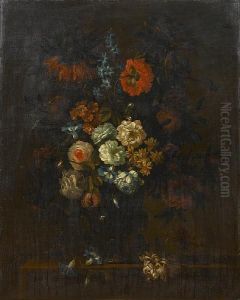 Roses, Chrysanthemums, 
Convolvulus, And Otherflowers In A Glass Vase On A Stone Ledge With 
Honeysuckle
