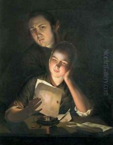 A Girl reading a letter by Candlelight, with a Young Man peering over her shoulder, c.1760-2 by Josepf Wright Of Derby