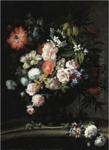 Natura Morta Con Rose Centifolia, Peonie, Anemoni, Lilla E Papaveroin Un Vaso