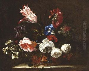 Roses, Tulips And Other Flowers In A Basket On A Stone Ledge by Antoine (Baptiste M.) Monnoyer