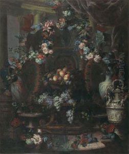 Nature Morte De Pieces D'orfevreries, Plats De Raisin Et Peches, Guirlandes De Fleurs