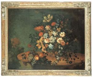 Fleurs Dans Un Vase En Metal Et Fruits Sur Une Console Enpierre